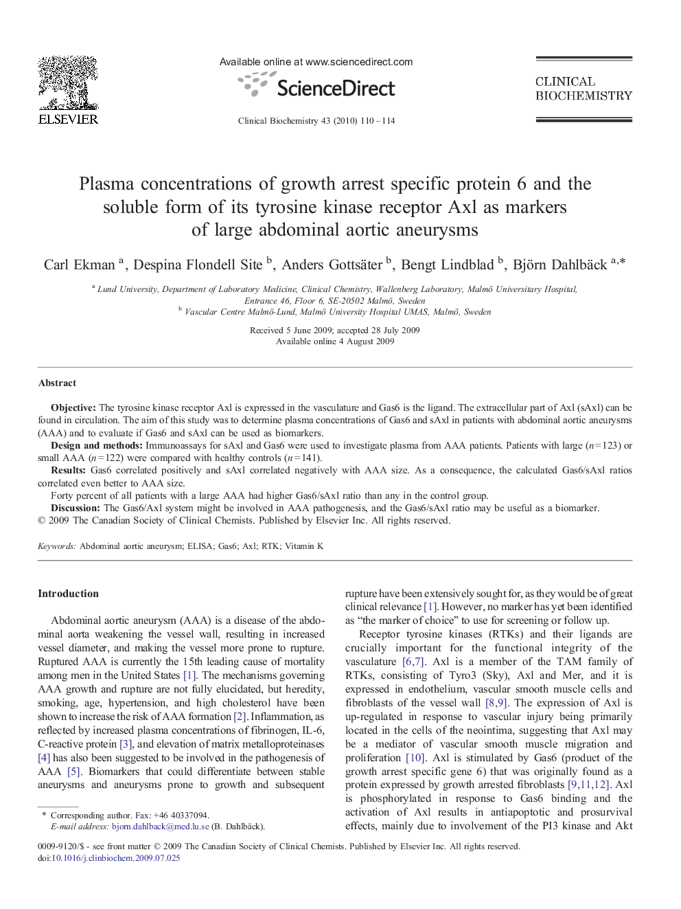 Plasma concentrations of growth arrest specific protein 6 and the soluble form of its tyrosine kinase receptor Axl as markers of large abdominal aortic aneurysms