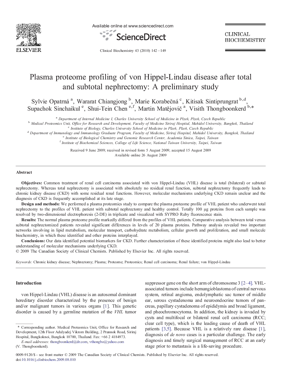 Plasma proteome profiling of von Hippel-Lindau disease after total and subtotal nephrectomy: A preliminary study