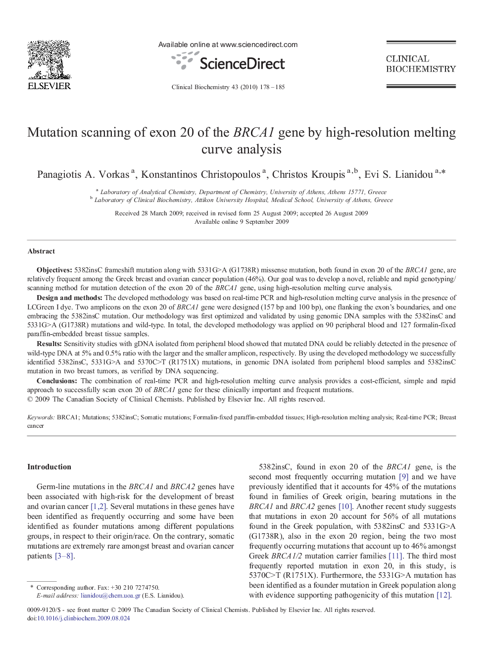 Mutation scanning of exon 20 of the BRCA1 gene by high-resolution melting curve analysis