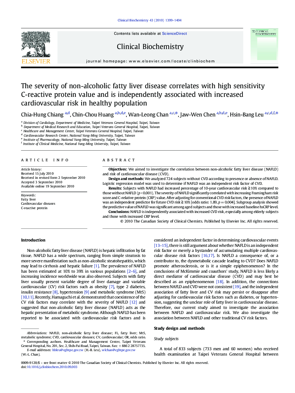 The severity of non-alcoholic fatty liver disease correlates with high sensitivity C-reactive protein value and is independently associated with increased cardiovascular risk in healthy population