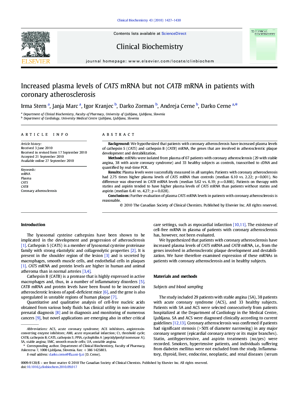 Increased plasma levels of CATS mRNA but not CATB mRNA in patients with coronary atherosclerosis