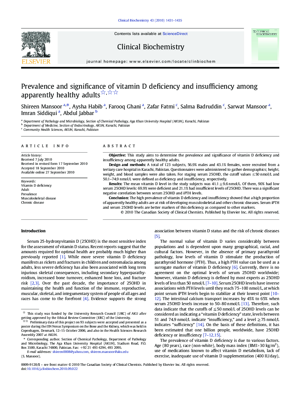 Prevalence and significance of vitamin D deficiency and insufficiency among apparently healthy adults 