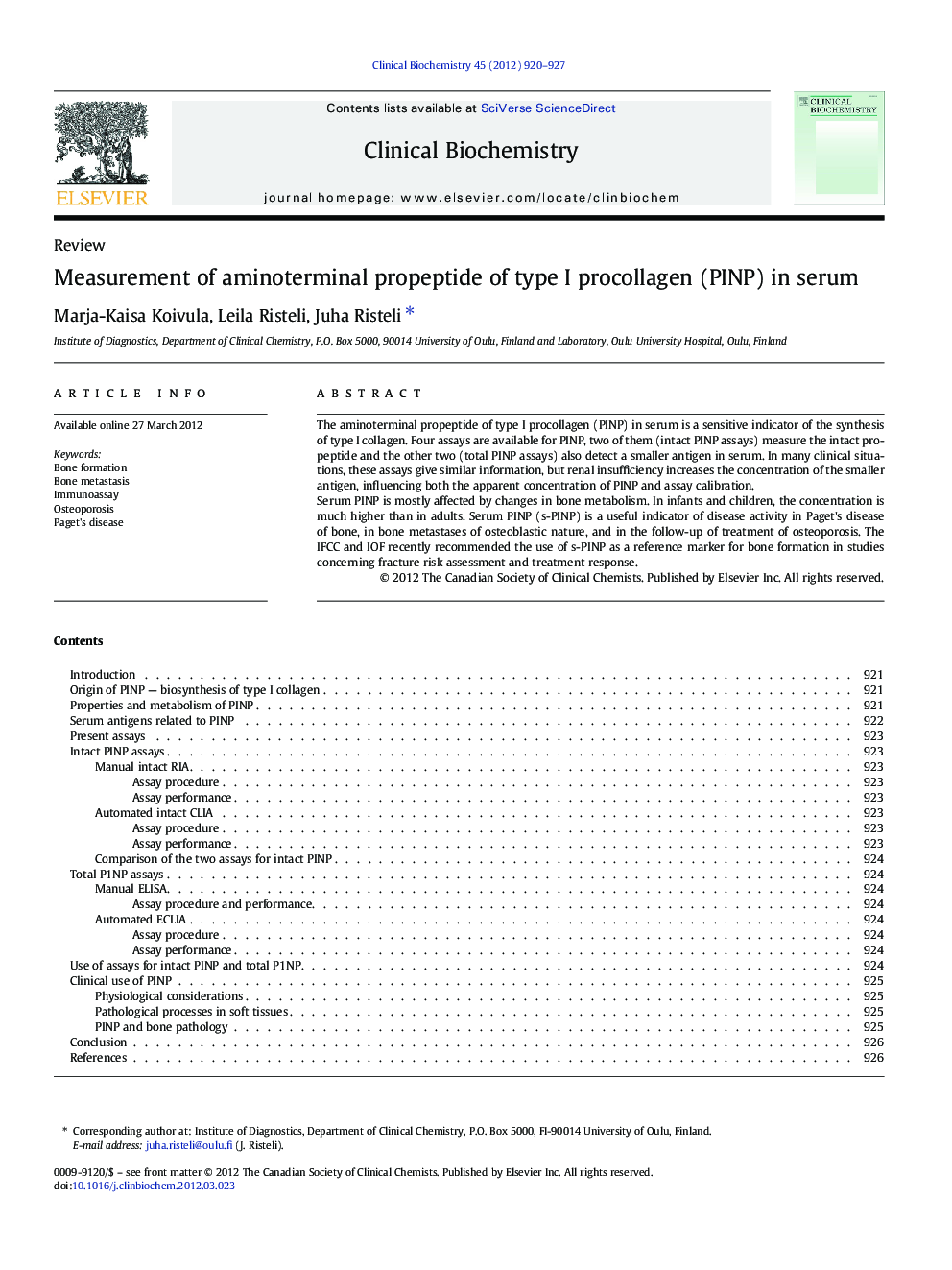 Measurement of aminoterminal propeptide of type I procollagen (PINP) in serum