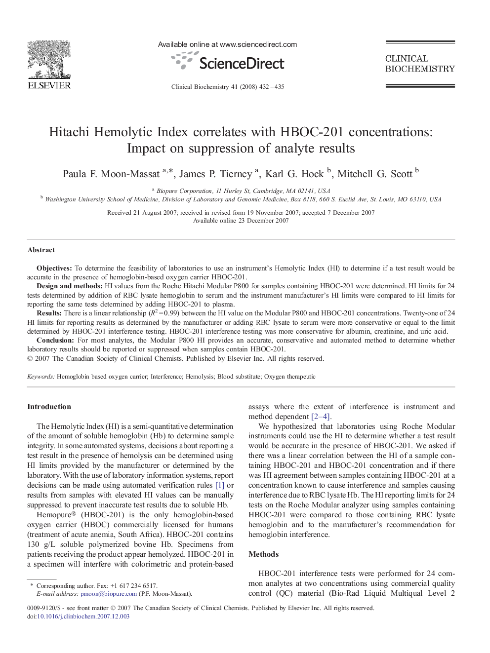 Hitachi Hemolytic Index correlates with HBOC-201 concentrations: Impact on suppression of analyte results