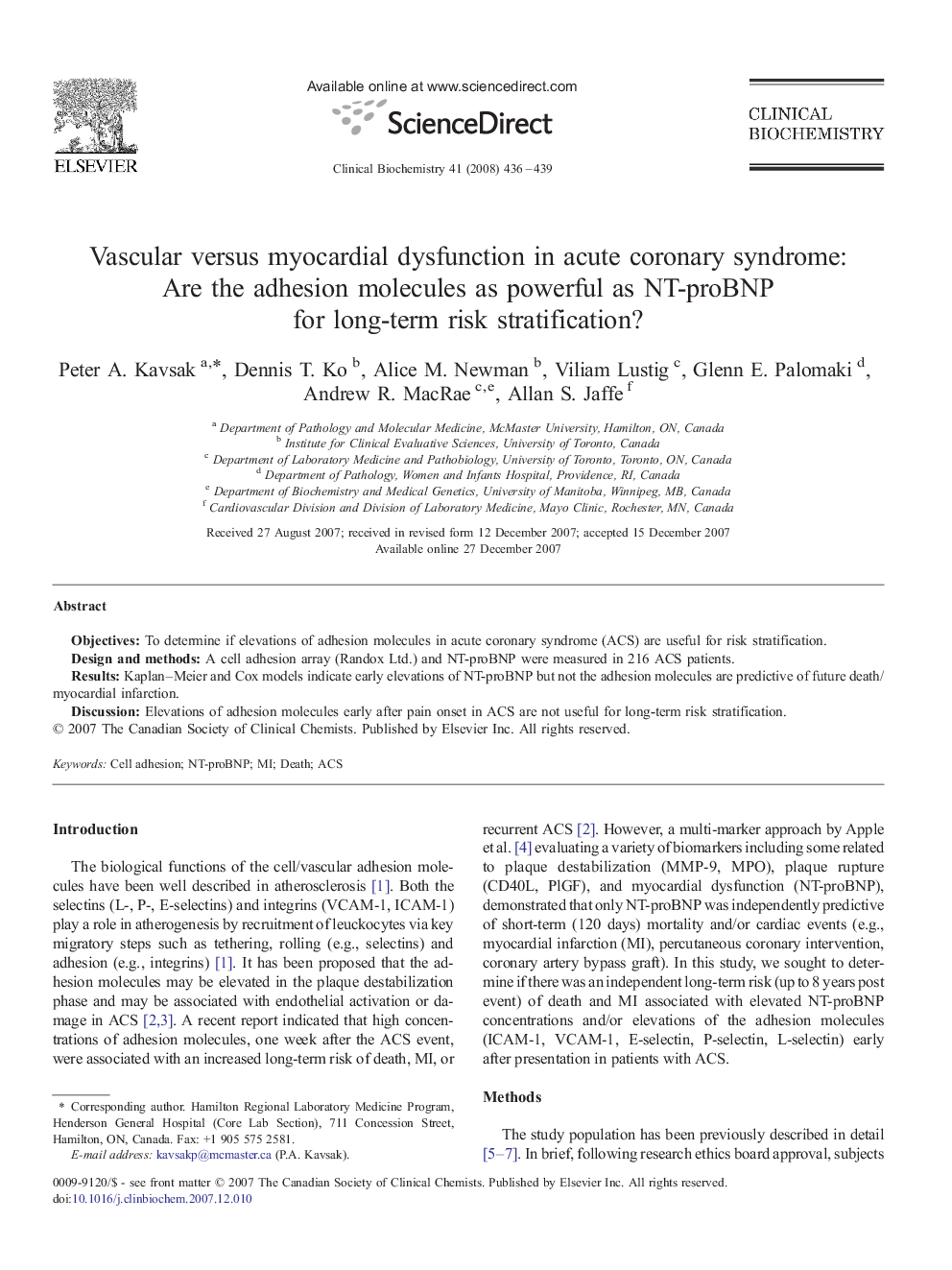 Vascular versus myocardial dysfunction in acute coronary syndrome: Are the adhesion molecules as powerful as NT-proBNP for long-term risk stratification?