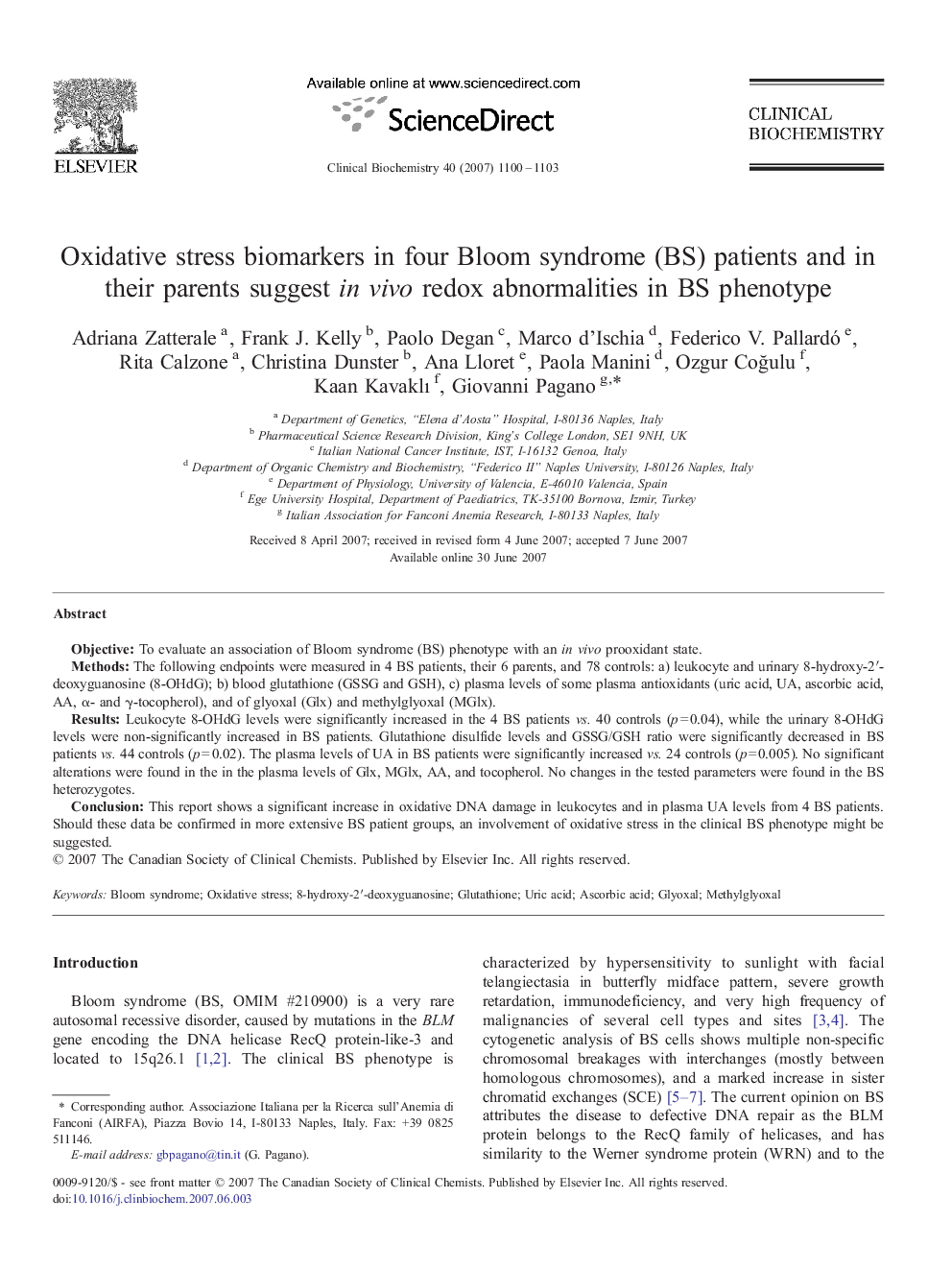 Oxidative stress biomarkers in four Bloom syndrome (BS) patients and in their parents suggest in vivo redox abnormalities in BS phenotype