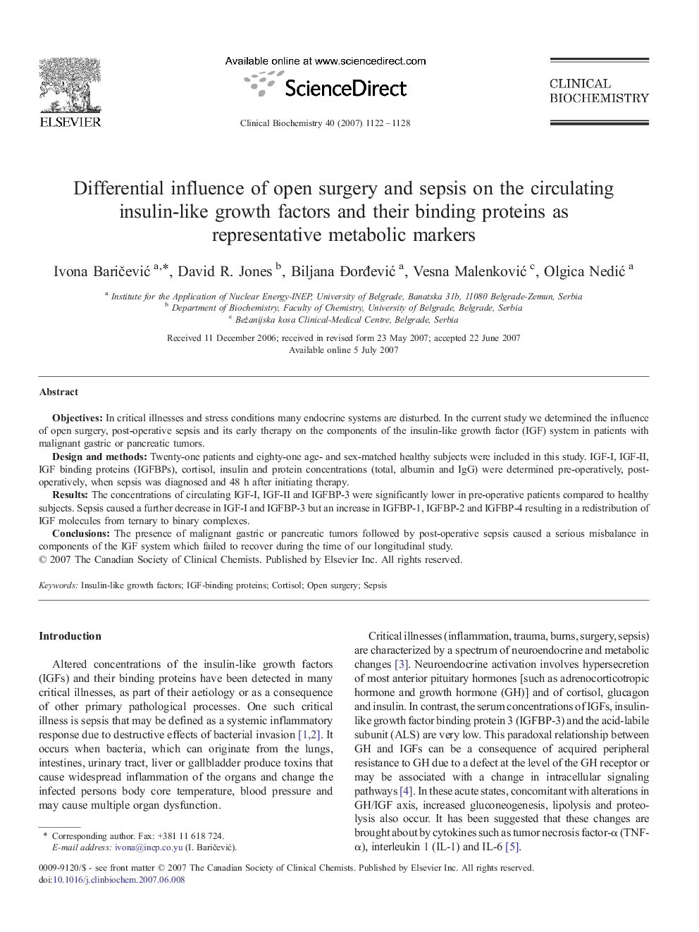 Differential influence of open surgery and sepsis on the circulating insulin-like growth factors and their binding proteins as representative metabolic markers