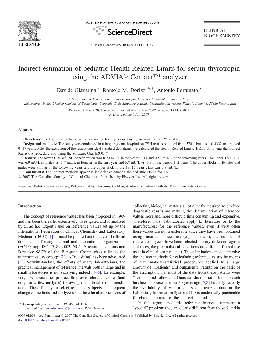 Indirect estimation of pediatric Health Related Limits for serum thyrotropin using the ADVIA® Centaur™ analyzer