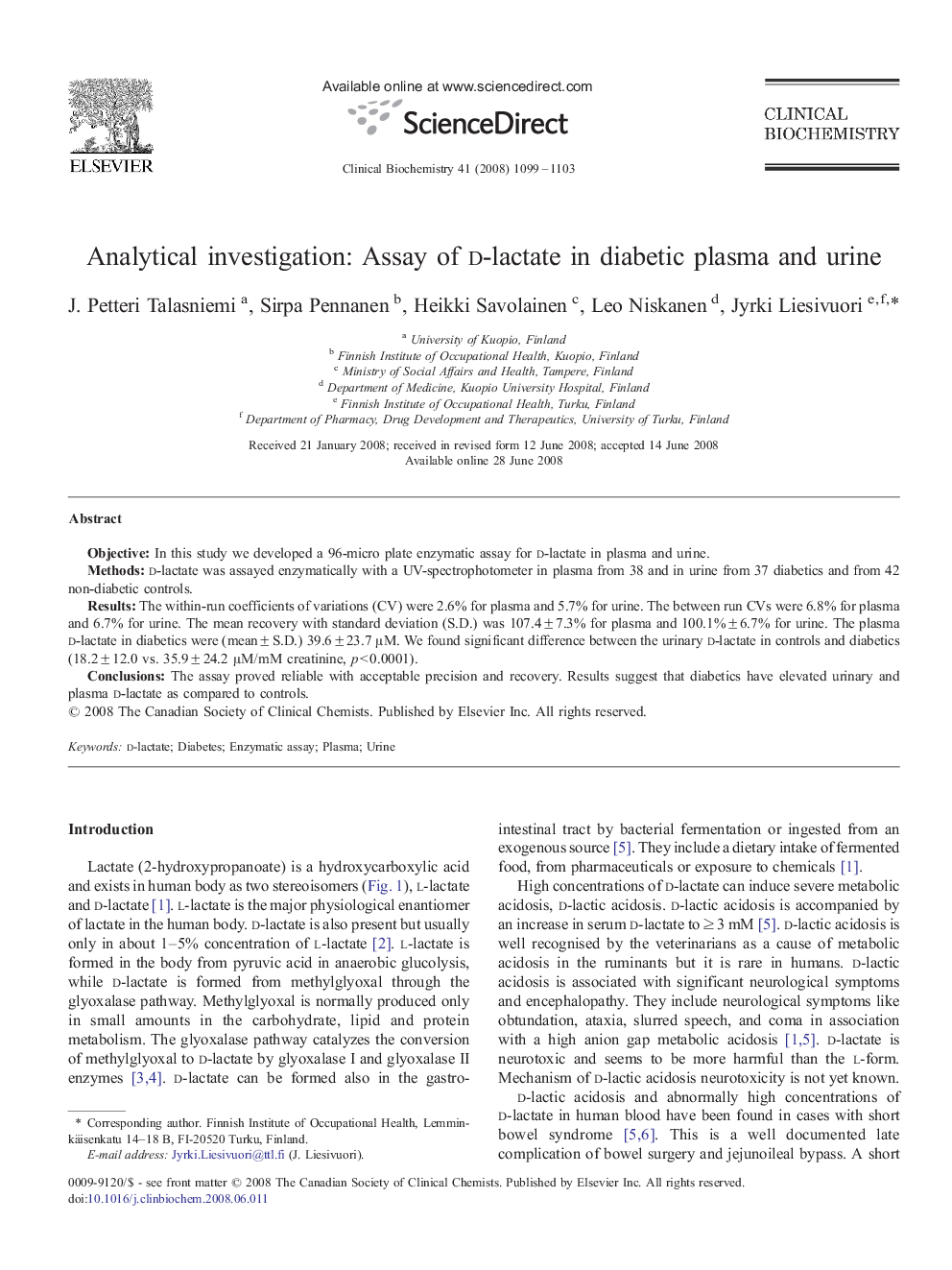 Analytical investigation: Assay of d-lactate in diabetic plasma and urine