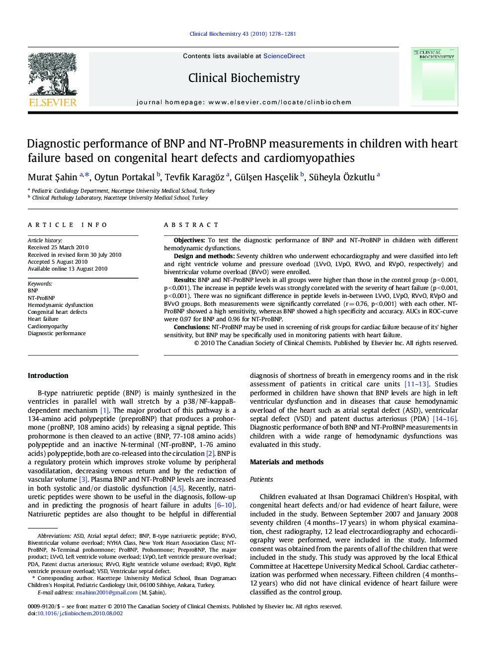 عکس صفحه اول مقاله: Diagnostic performance of BNP and NT-ProBNP measurements in children with heart failure based on congenital heart defects and cardiomyopathies Diagnostic performance of BNP and NT-ProBNP measurements in children with heart failure based on congenital heart defects and cardiomyopathies