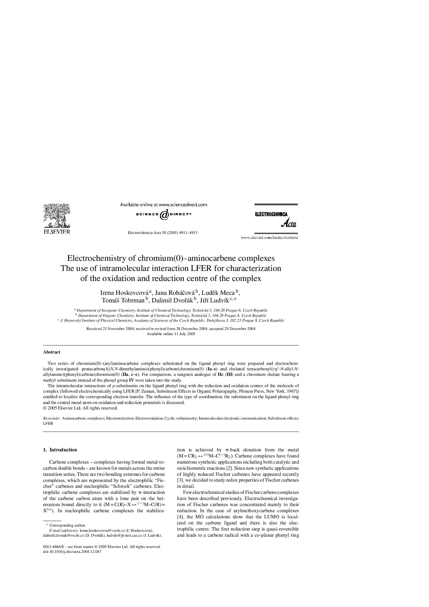 Electrochemistry of chromium(0)–aminocarbene complexes: The use of intramolecular interaction LFER for characterization of the oxidation and reduction centre of the complex