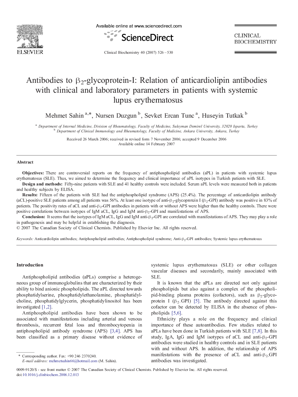 Antibodies to β2-glycoprotein-I: Relation of anticardiolipin antibodies with clinical and laboratory parameters in patients with systemic lupus erythematosus