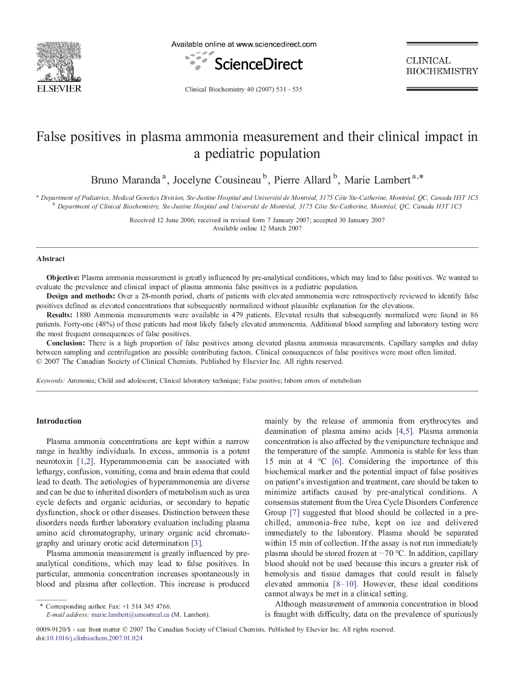 False positives in plasma ammonia measurement and their clinical impact in a pediatric population