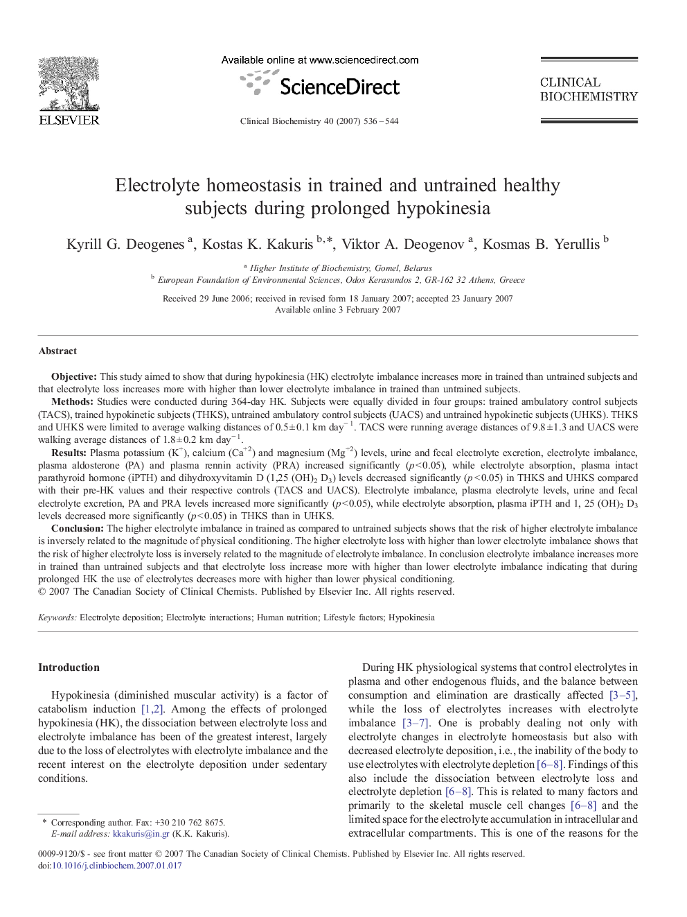 Electrolyte homeostasis in trained and untrained healthy subjects during prolonged hypokinesia