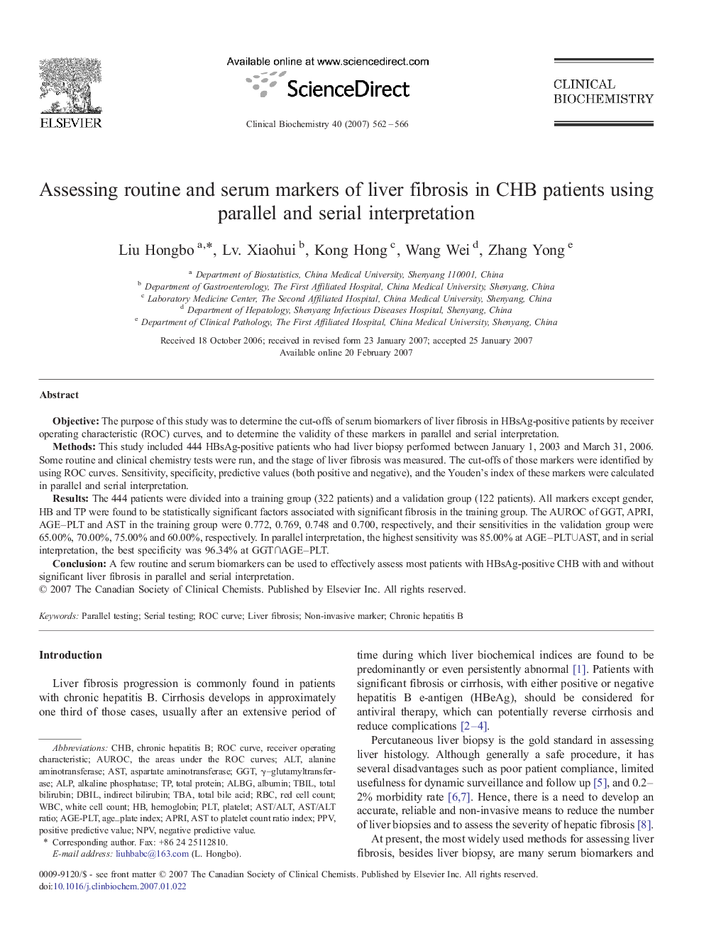 Assessing routine and serum markers of liver fibrosis in CHB patients using parallel and serial interpretation