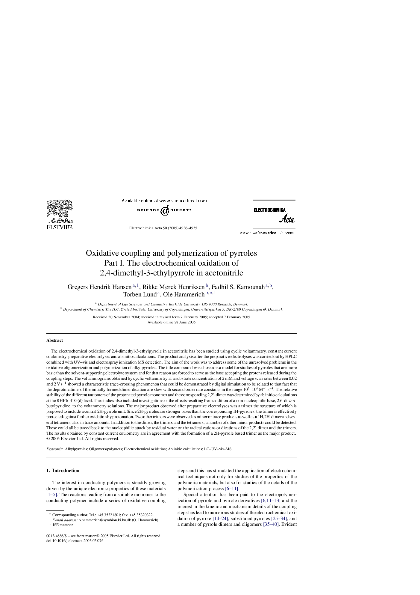 Oxidative coupling and polymerization of pyrroles: Part I. The electrochemical oxidation of 2,4-dimethyl-3-ethylpyrrole in acetonitrile