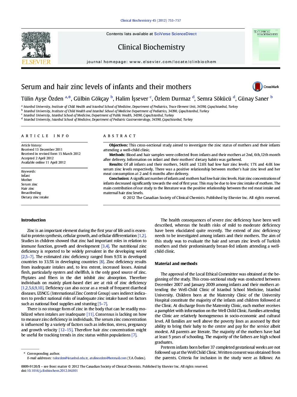 Serum and hair zinc levels of infants and their mothers