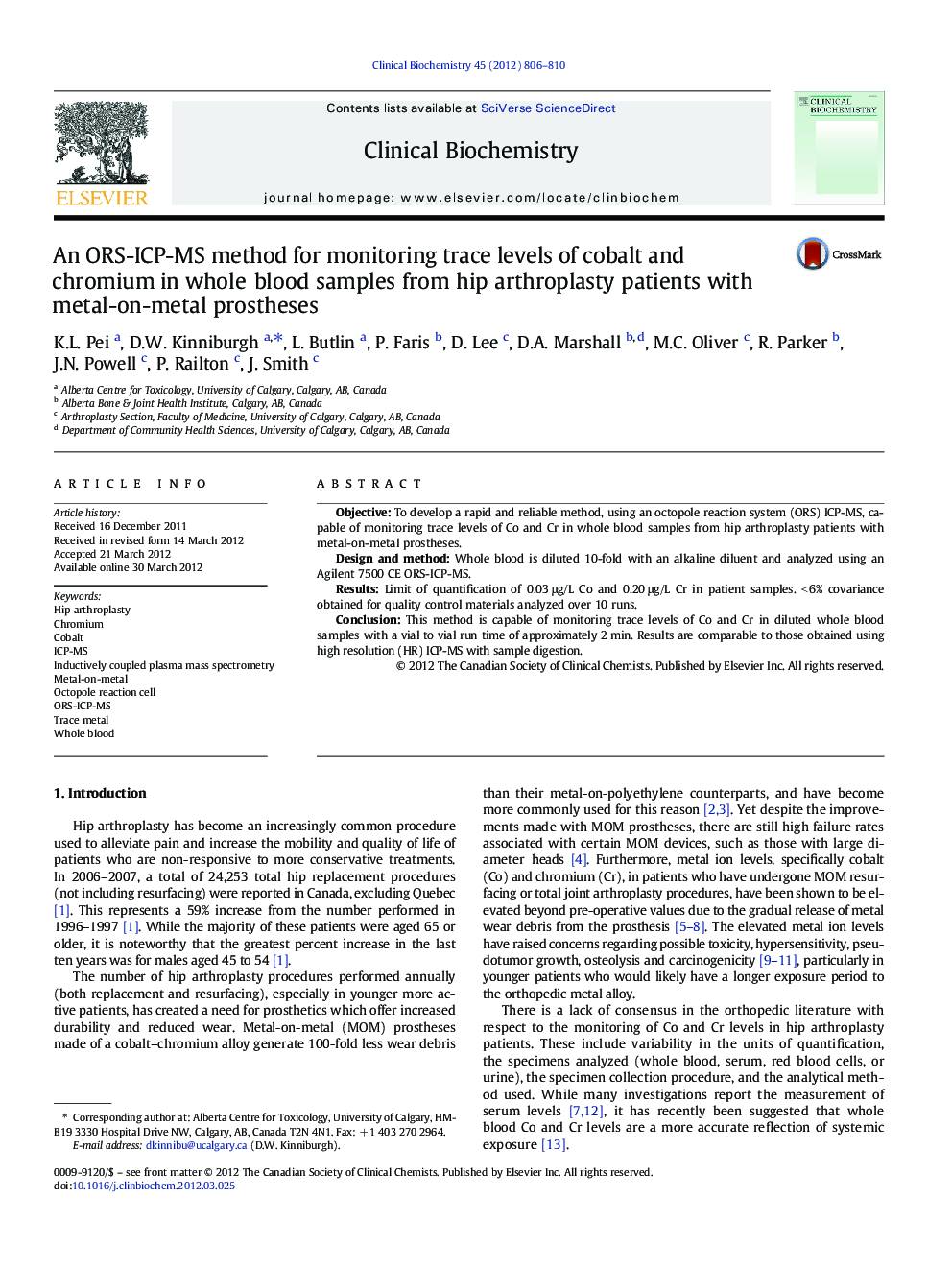 An ORS-ICP-MS method for monitoring trace levels of cobalt and chromium in whole blood samples from hip arthroplasty patients with metal-on-metal prostheses