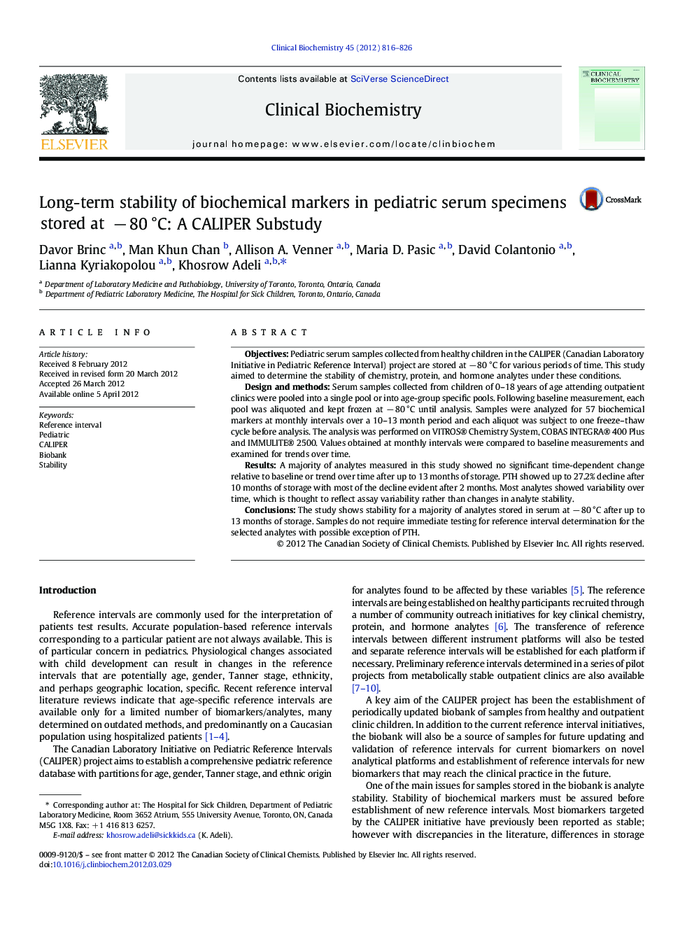 عکس صفحه اول مقاله: Long-term stability of biochemical markers in pediatric serum specimens stored at − 80 °C: A CALIPER Substudy Long-term stability of biochemical markers in pediatric serum specimens stored at − 80 °C: A CALIPER Substudy
