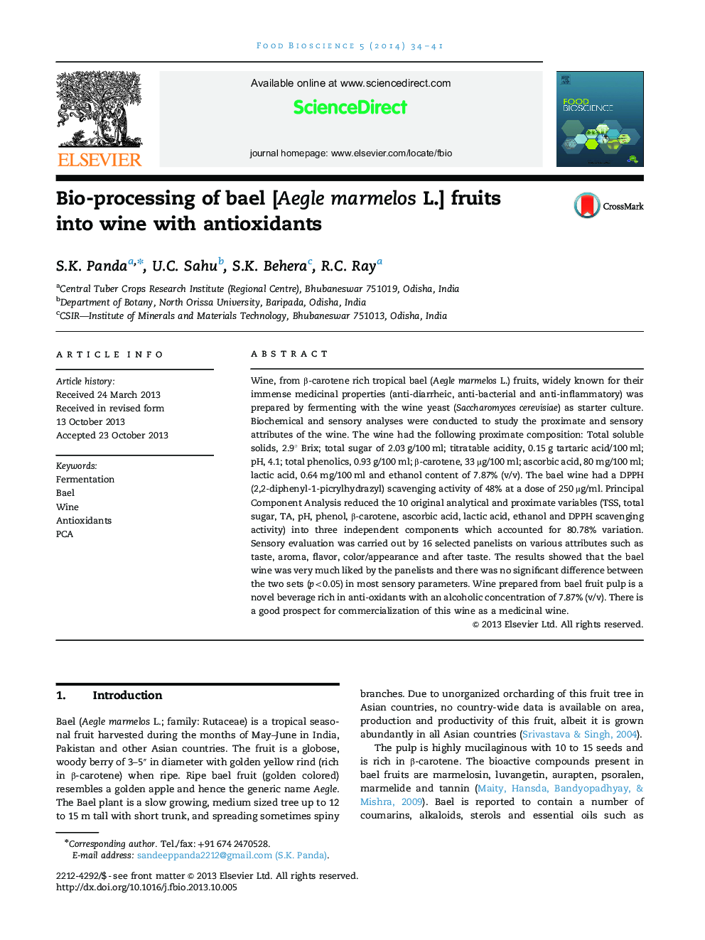 Bio-processing of bael [Aegle marmelos L.] fruits into wine with antioxidants