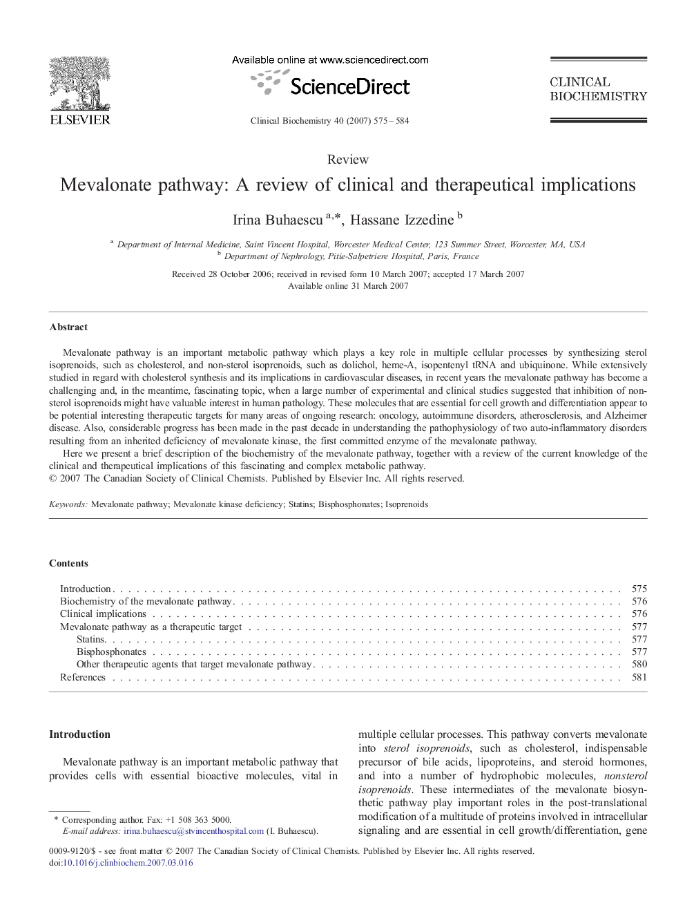 Mevalonate pathway: A review of clinical and therapeutical implications