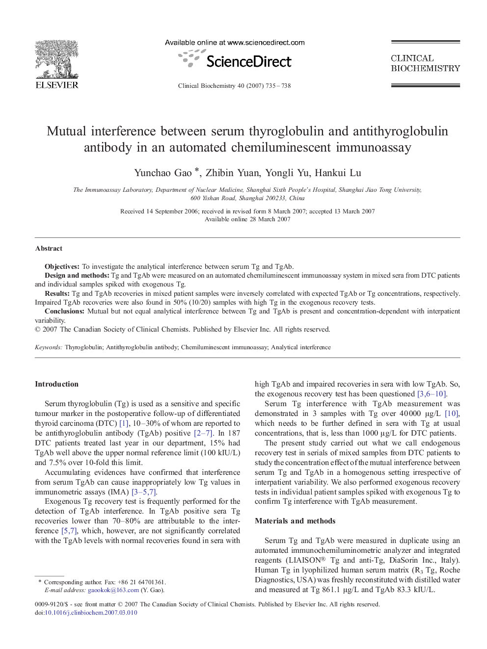 Mutual interference between serum thyroglobulin and antithyroglobulin antibody in an automated chemiluminescent immunoassay