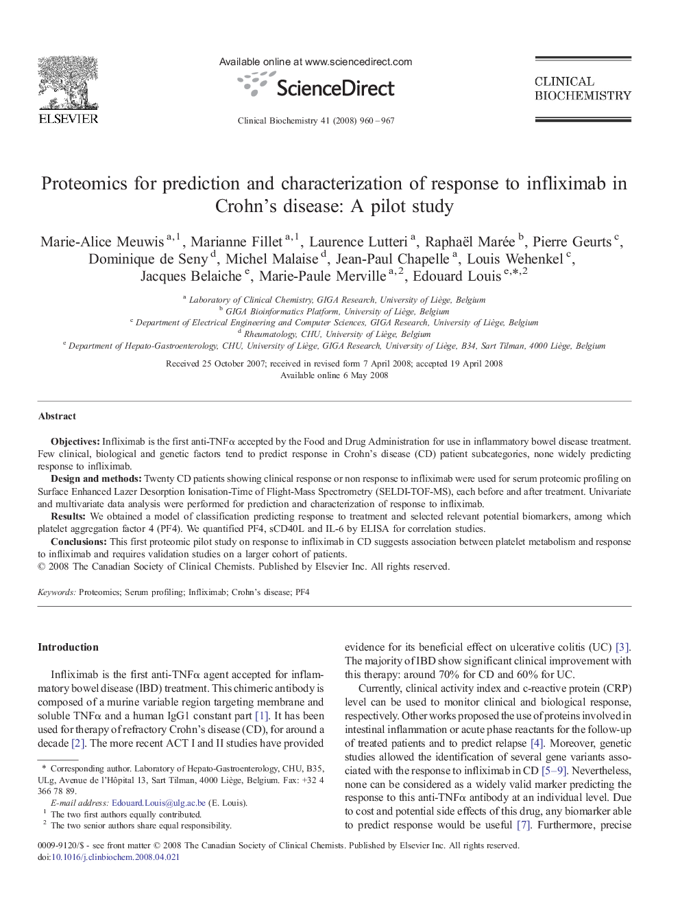 Proteomics for prediction and characterization of response to infliximab in Crohn's disease: A pilot study