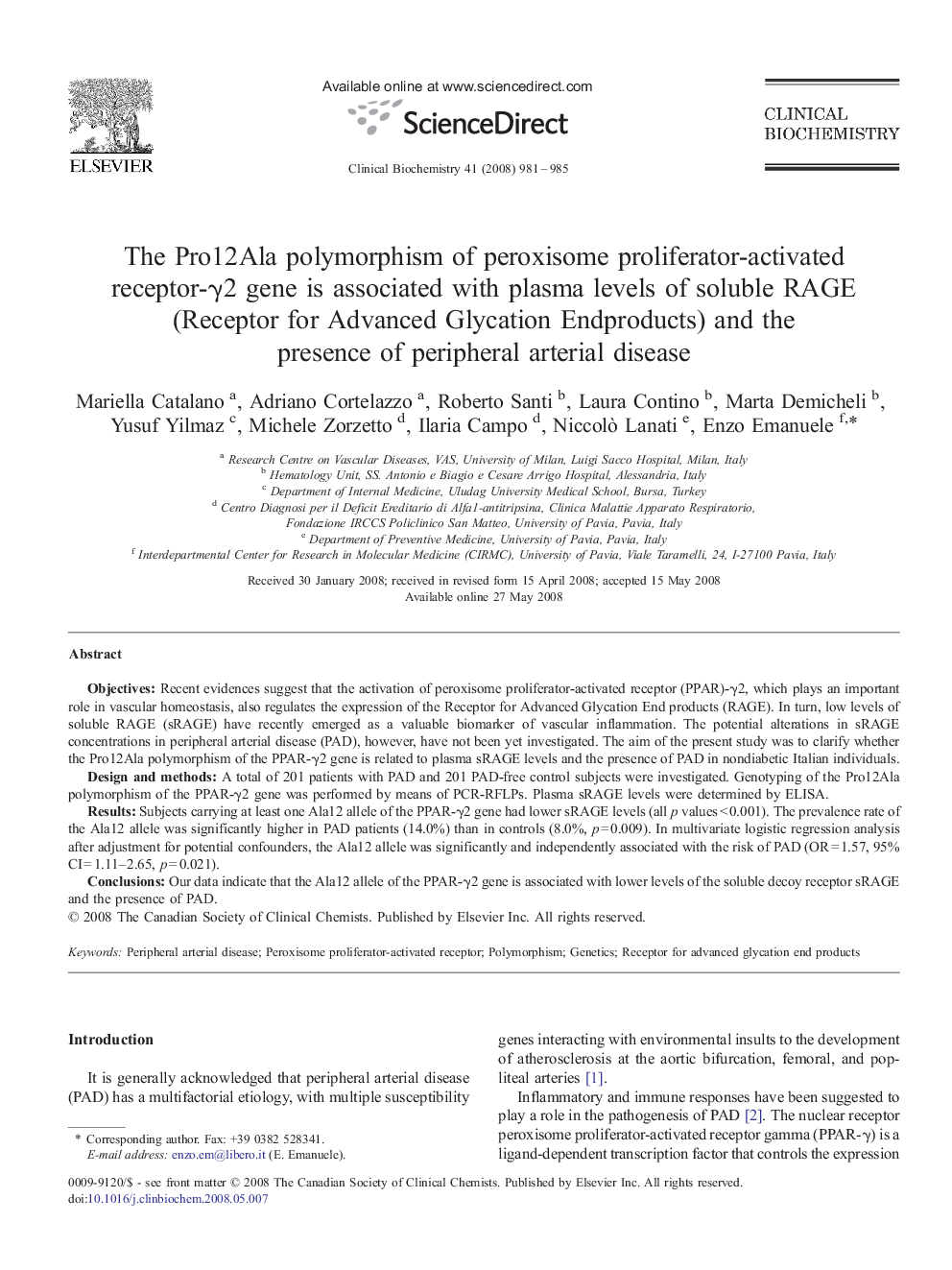 The Pro12Ala polymorphism of peroxisome proliferator-activated receptor-γ2 gene is associated with plasma levels of soluble RAGE (Receptor for Advanced Glycation Endproducts) and the presence of peripheral arterial disease