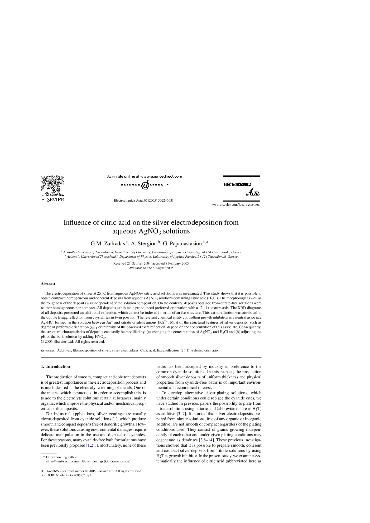 Influence of citric acid on the silver electrodeposition from aqueous AgNO3 solutions