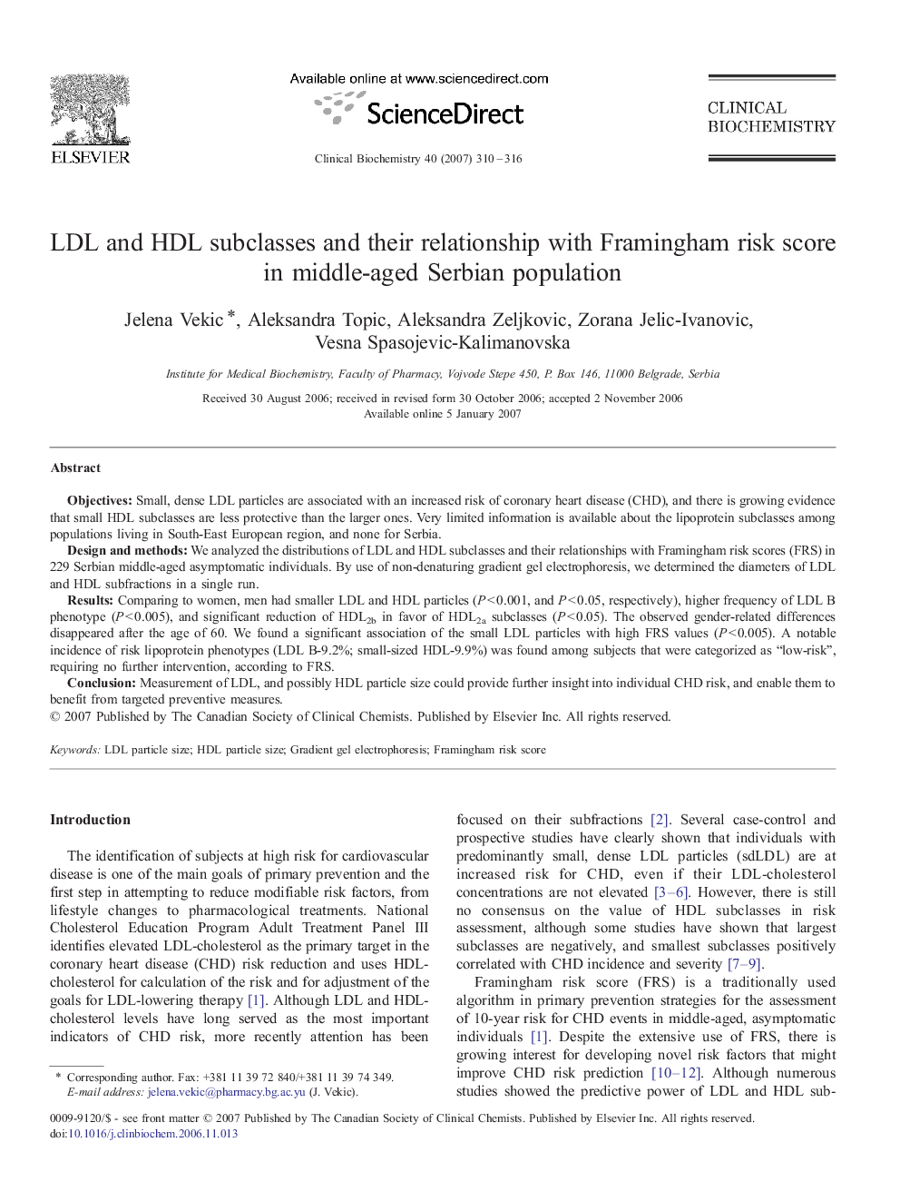 LDL and HDL subclasses and their relationship with Framingham risk score in middle-aged Serbian population