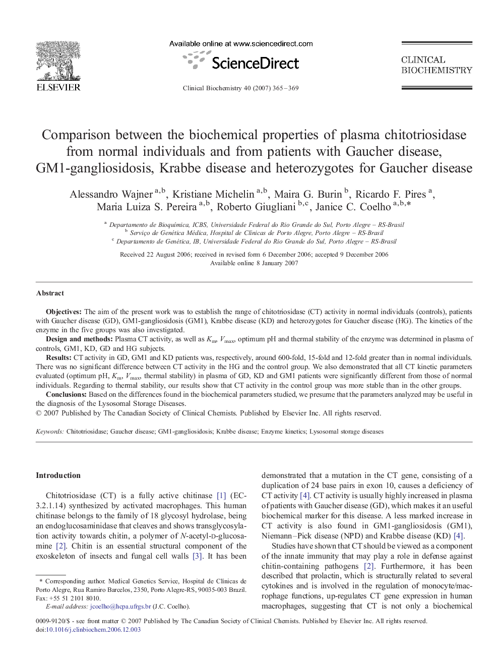 Comparison between the biochemical properties of plasma chitotriosidase from normal individuals and from patients with Gaucher disease, GM1-gangliosidosis, Krabbe disease and heterozygotes for Gaucher disease