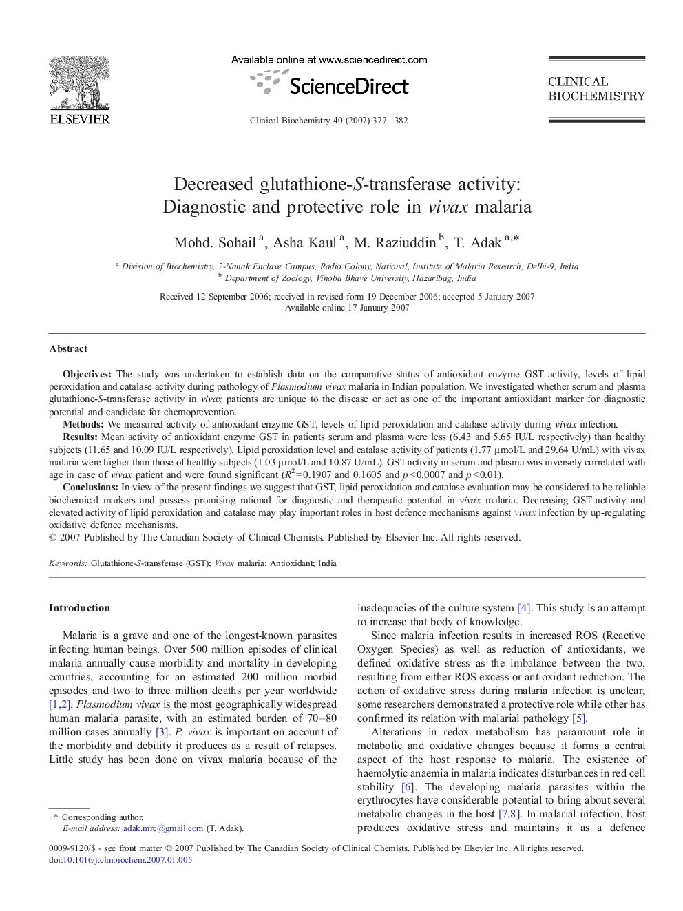 Decreased glutathione-S-transferase activity: Diagnostic and protective role in vivax malaria