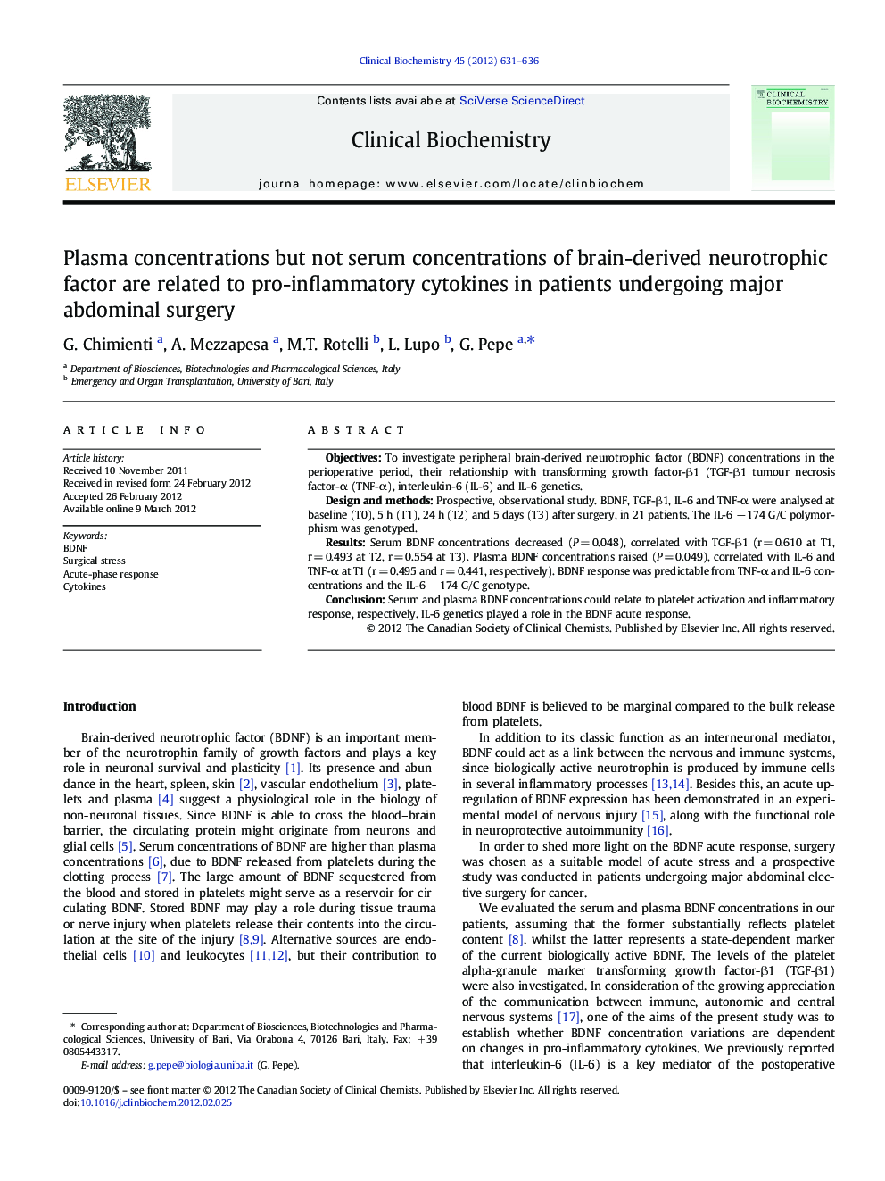 Plasma concentrations but not serum concentrations of brain-derived neurotrophic factor are related to pro-inflammatory cytokines in patients undergoing major abdominal surgery