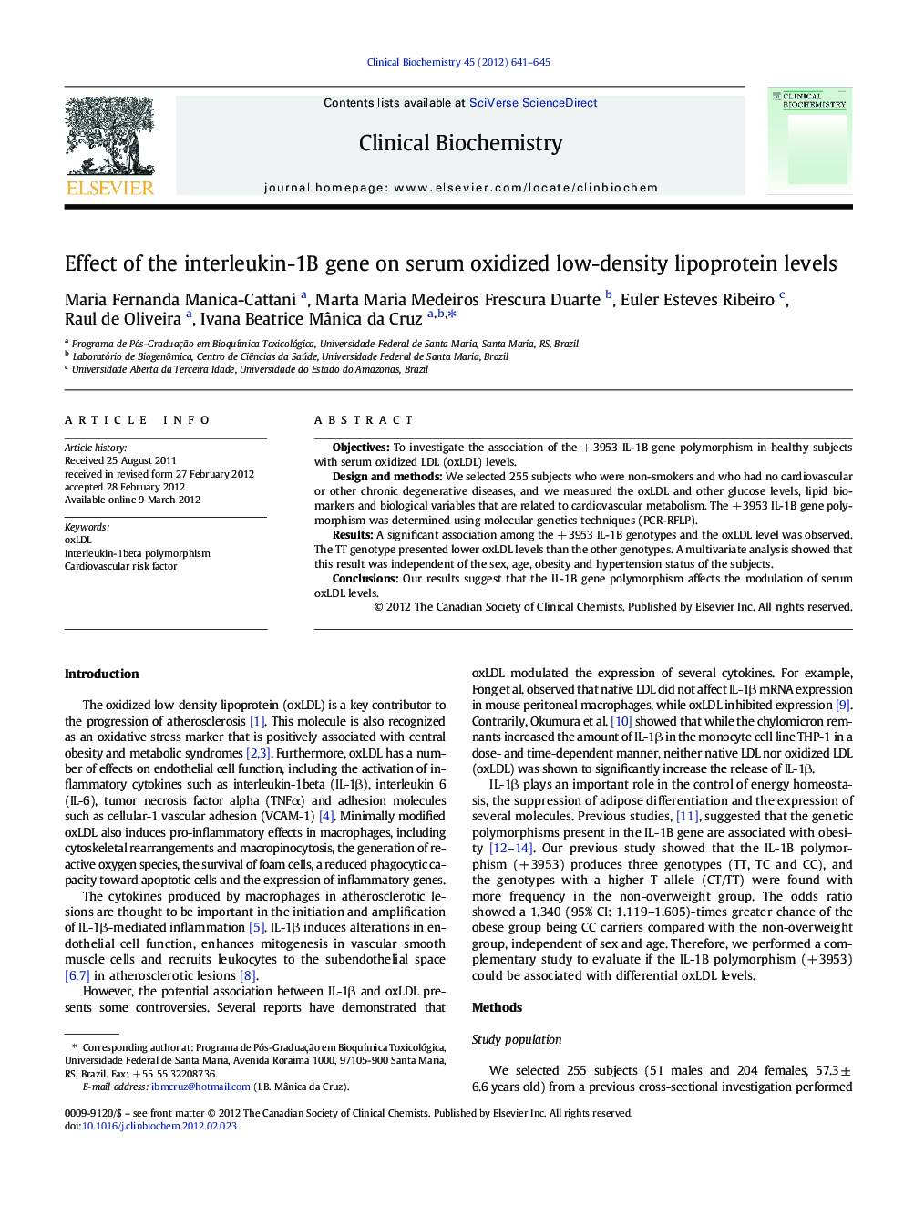 Effect of the interleukin-1B gene on serum oxidized low-density lipoprotein levels