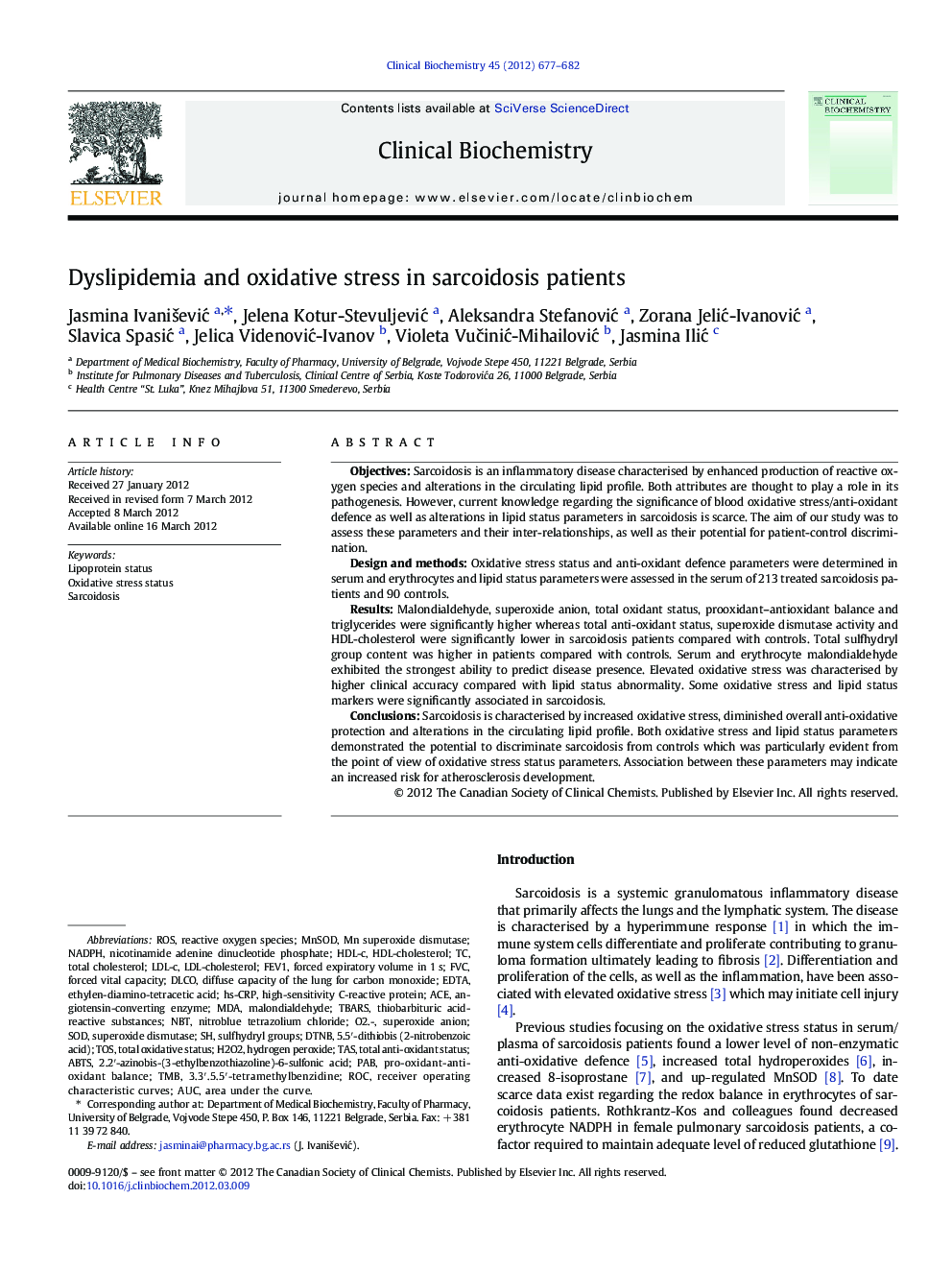 Dyslipidemia and oxidative stress in sarcoidosis patients