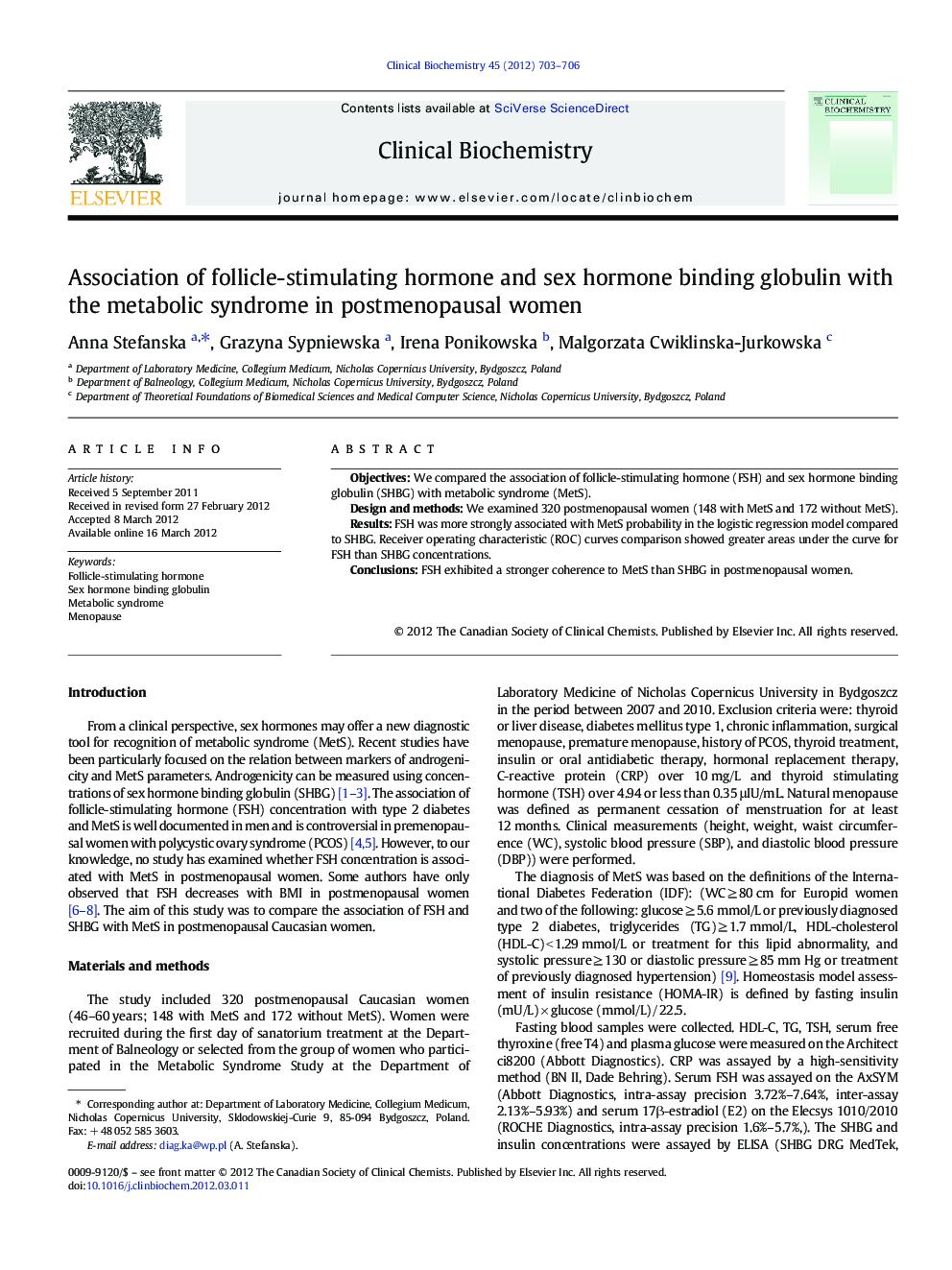 Association of follicle-stimulating hormone and sex hormone binding globulin with the metabolic syndrome in postmenopausal women