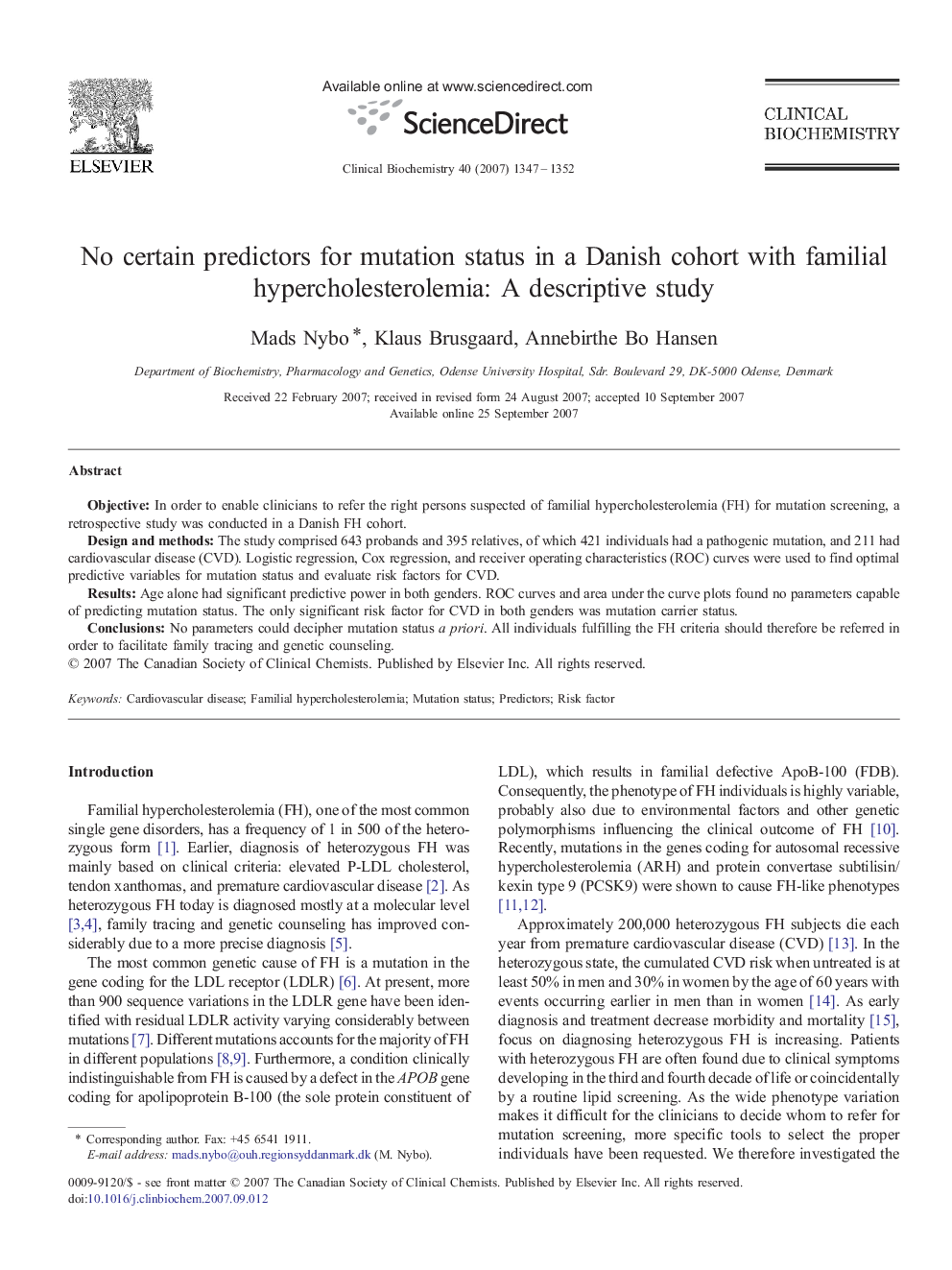 No certain predictors for mutation status in a Danish cohort with familial hypercholesterolemia: A descriptive study