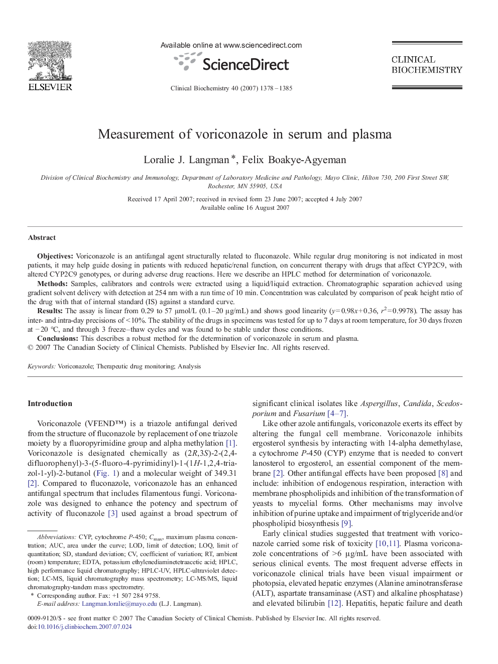 Measurement of voriconazole in serum and plasma