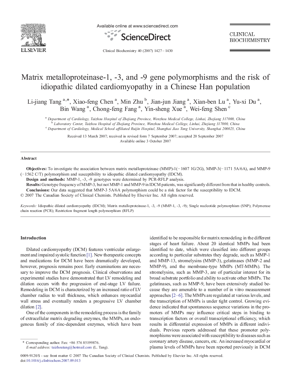 Matrix metalloproteinase-1, -3, and -9 gene polymorphisms and the risk of idiopathic dilated cardiomyopathy in a Chinese Han population