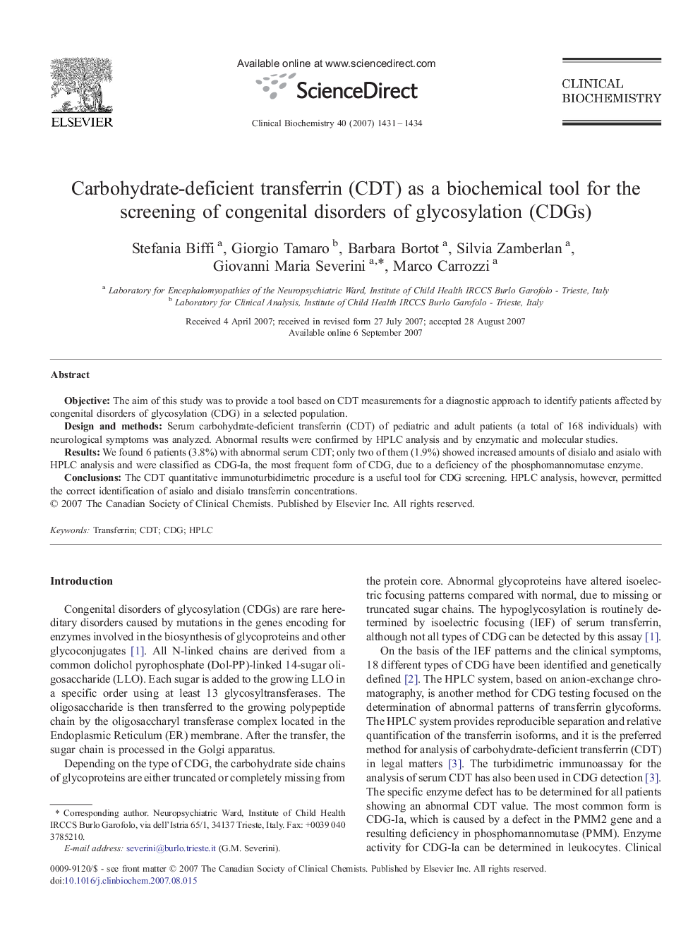 Carbohydrate-deficient transferrin (CDT) as a biochemical tool for the screening of congenital disorders of glycosylation (CDGs)