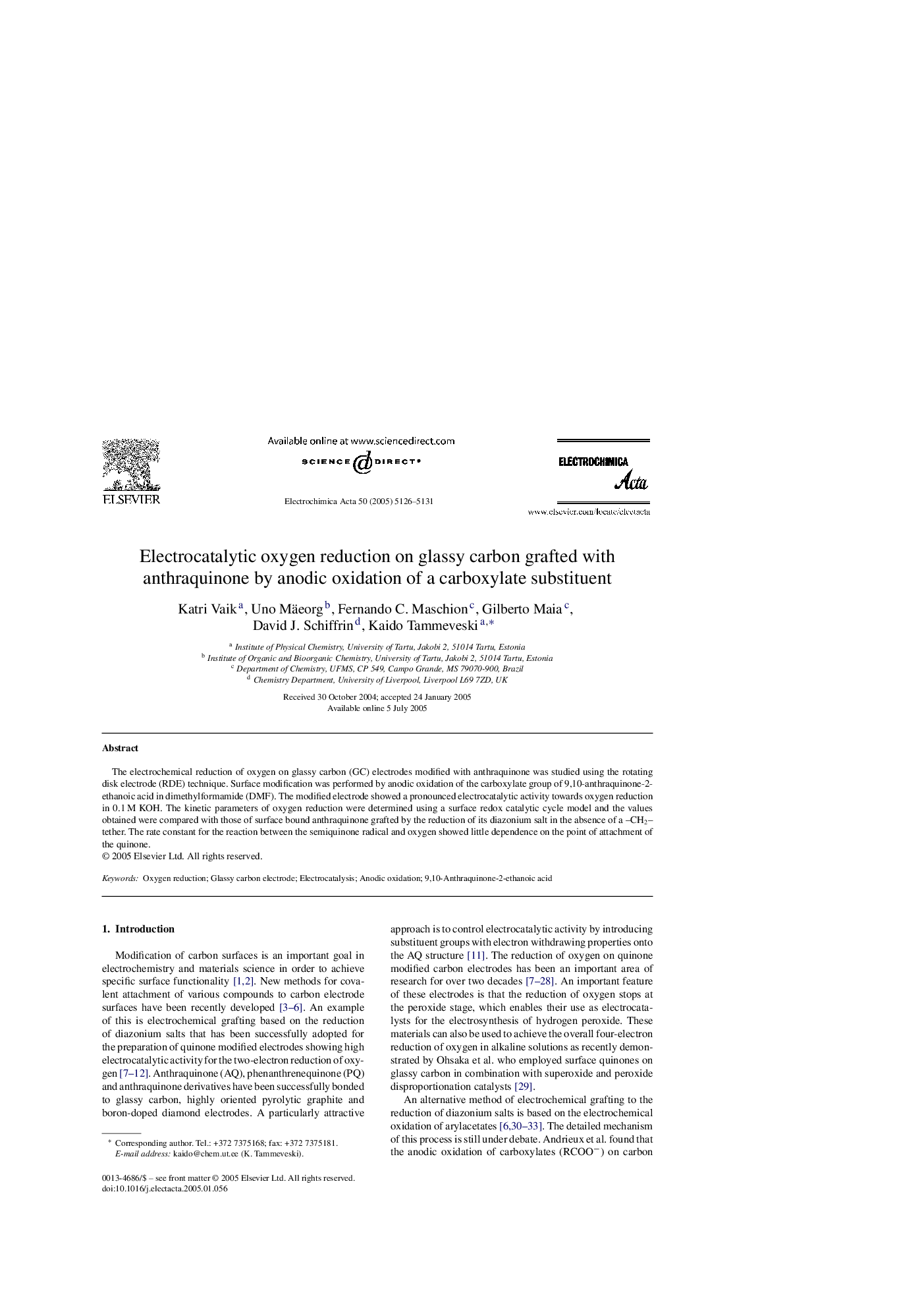 Electrocatalytic oxygen reduction on glassy carbon grafted with anthraquinone by anodic oxidation of a carboxylate substituent