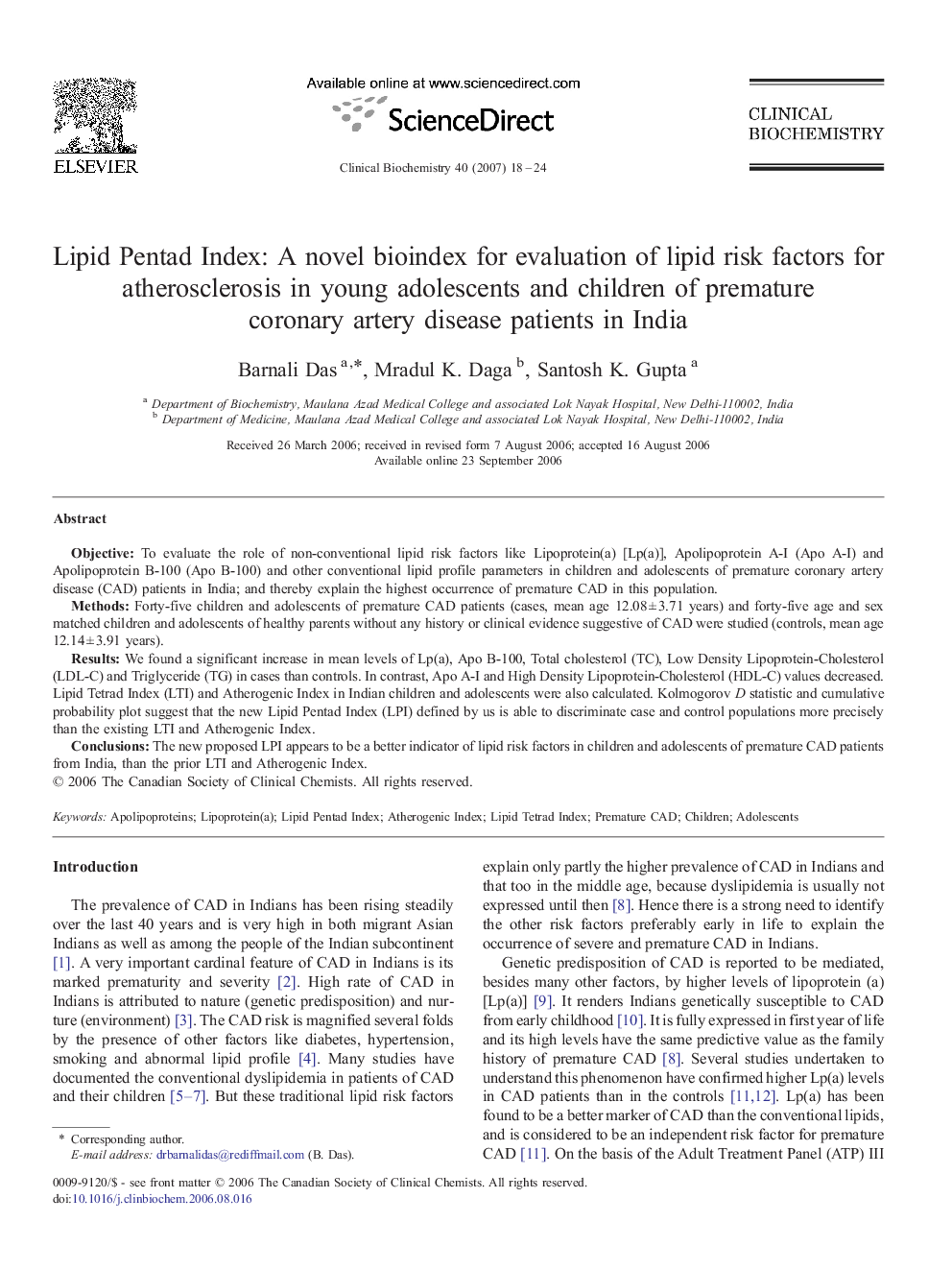 Lipid Pentad Index: A novel bioindex for evaluation of lipid risk factors for atherosclerosis in young adolescents and children of premature coronary artery disease patients in India