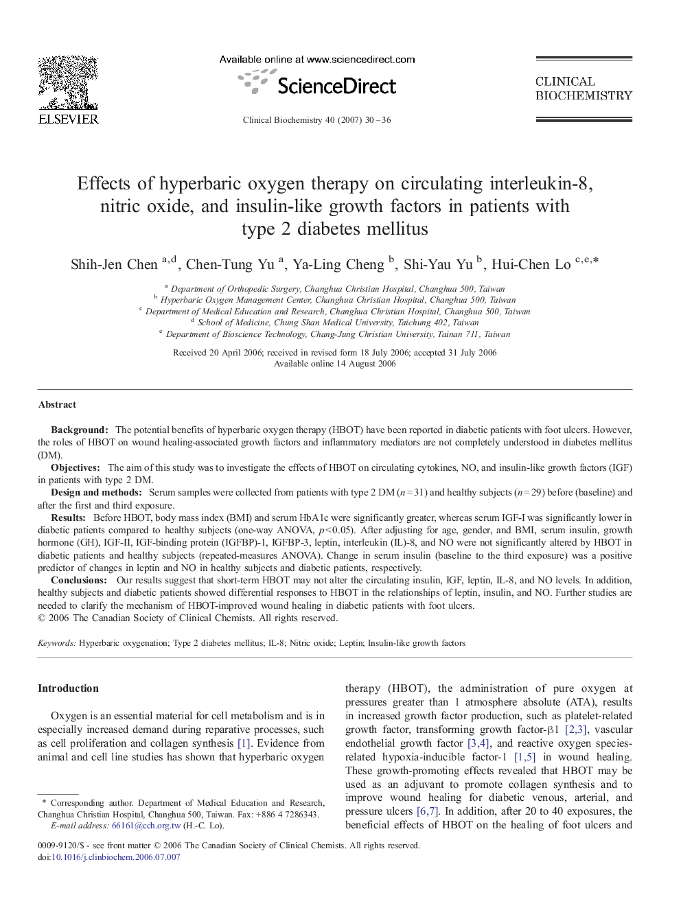 Effects of hyperbaric oxygen therapy on circulating interleukin-8, nitric oxide, and insulin-like growth factors in patients with type 2 diabetes mellitus