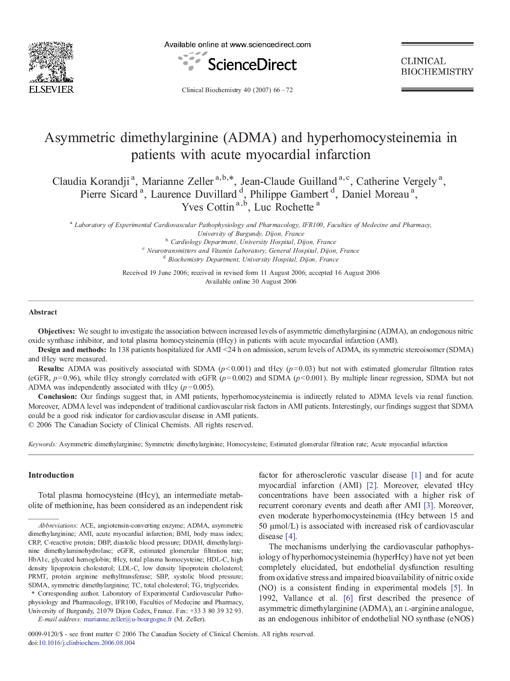 Asymmetric dimethylarginine (ADMA) and hyperhomocysteinemia in patients with acute myocardial infarction