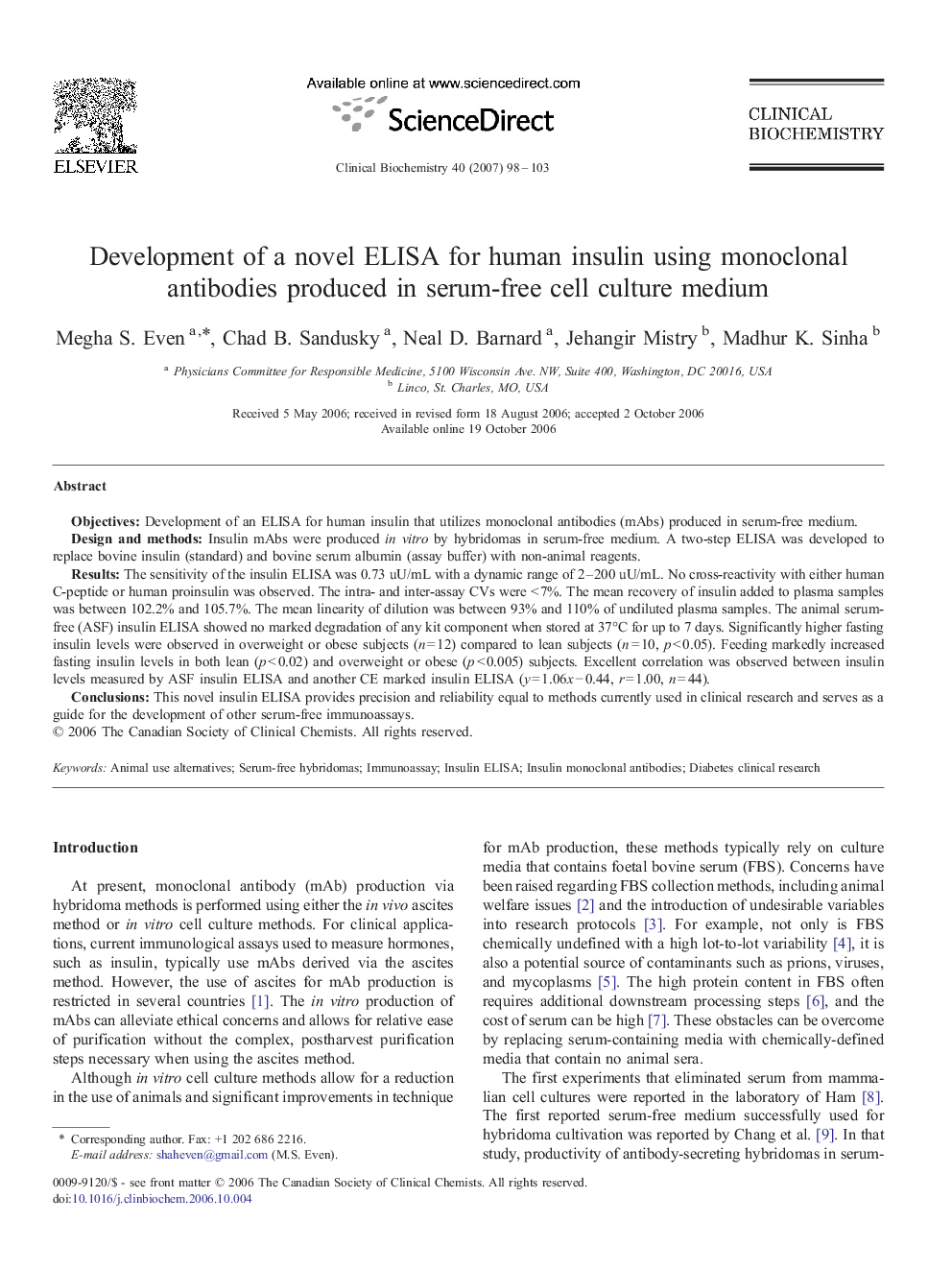 Development of a novel ELISA for human insulin using monoclonal antibodies produced in serum-free cell culture medium