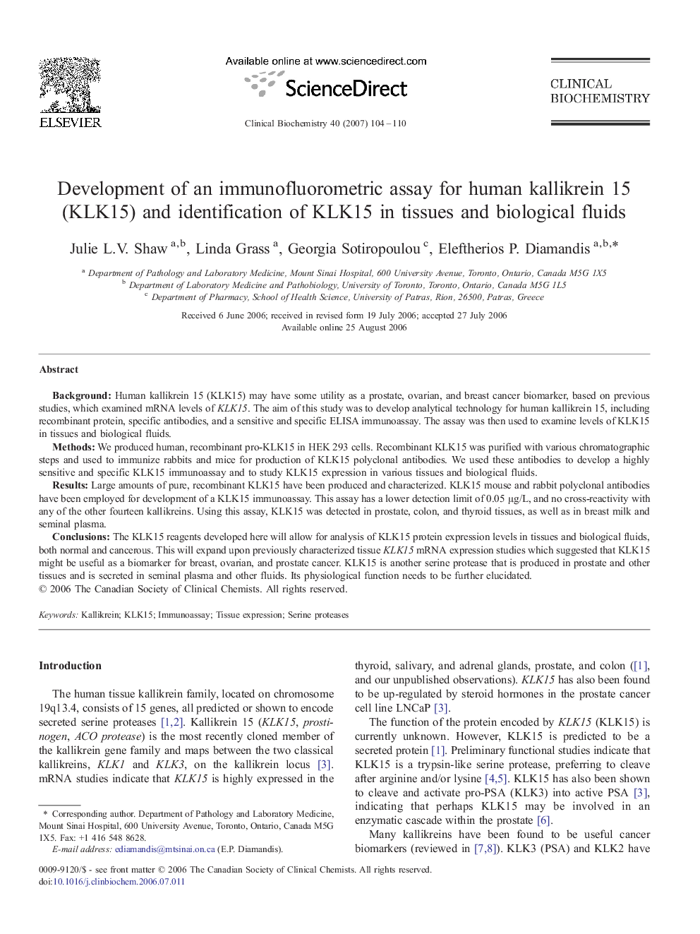 Development of an immunofluorometric assay for human kallikrein 15 (KLK15) and identification of KLK15 in tissues and biological fluids