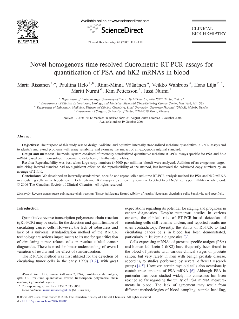 Novel homogenous time-resolved fluorometric RT-PCR assays for quantification of PSA and hK2 mRNAs in blood