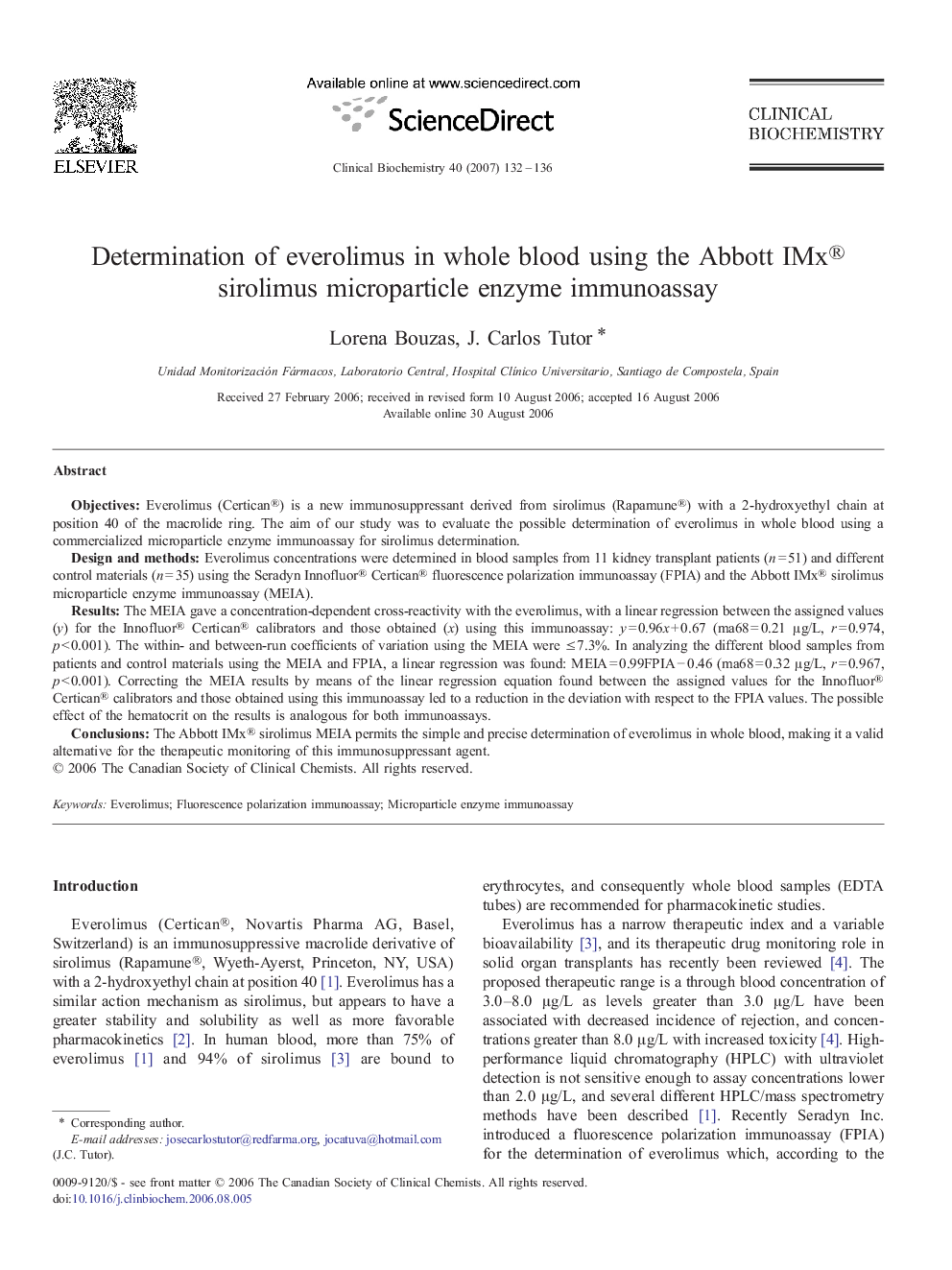 عکس صفحه اول مقاله: Determination of everolimus in whole blood using the Abbott IMx® sirolimus microparticle enzyme immunoassay Determination of everolimus in whole blood using the Abbott IMx® sirolimus microparticle enzyme immunoassay