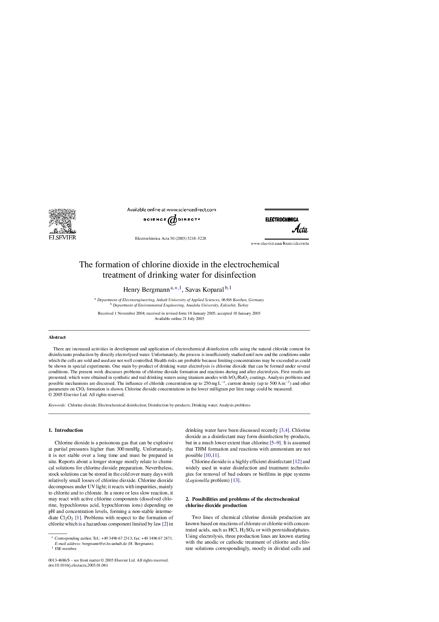 The formation of chlorine dioxide in the electrochemical treatment of drinking water for disinfection