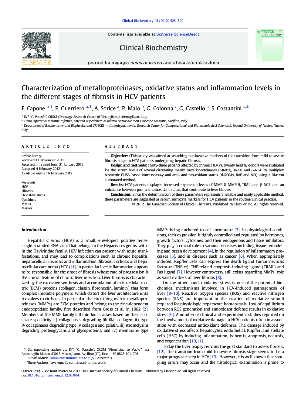 Characterization of metalloproteinases, oxidative status and inflammation levels in the different stages of fibrosis in HCV patients